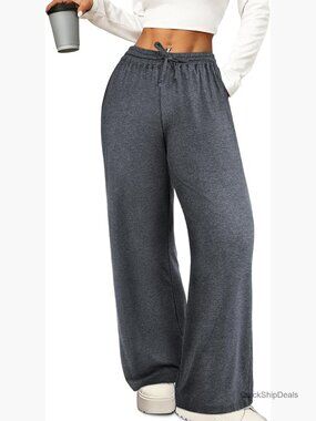 Wide Leg Lounge Pants with Pockets Ribbed Knit Drawstring Pull On Trousers
